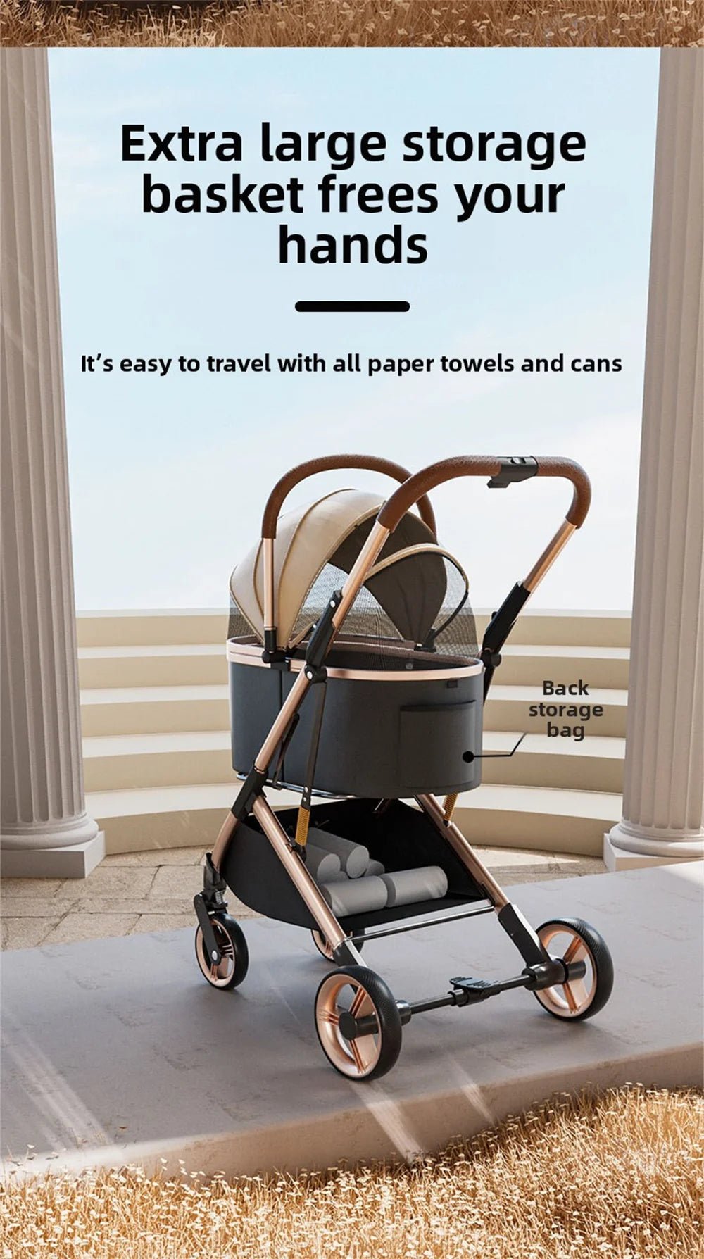3 in 1 Detachable Pet Stroller for Dog Cat Foldable Travel Carrier up to 50lbs with Portable Carry Bag Storage BasketHappy TailsHappy Tails