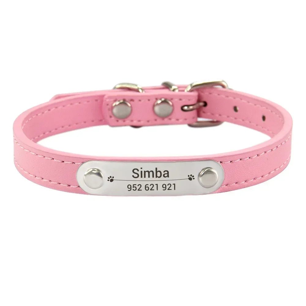 Personalized Dog Collar Name Carved ID Anti - lost Solid PU Leather Collar For Small Medium Large Dogs Puppy Cat Pet Supplies PinkHappy TailsHappy Tails