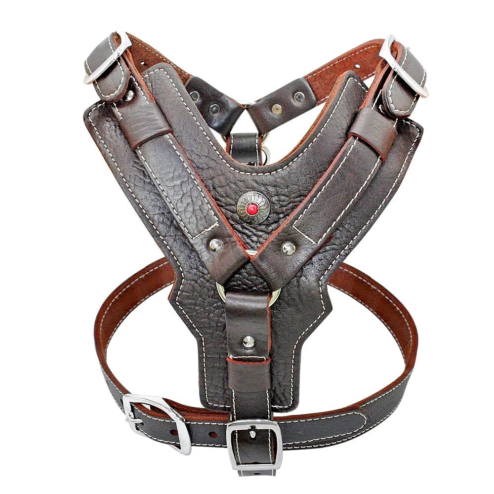 Durable Dog Harness Large Dogs Genuine Leather Harnesses Pet Training Vest With Quick Control Handle For Labrador Pitbull - Happy Tails