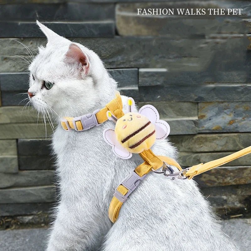Cat Harness Leash Collar Set Adjustable Cartoon Bee Double Layer Dog Harness for Small Medium Pet Collar Leash Outdoor Walking - Happy Tails