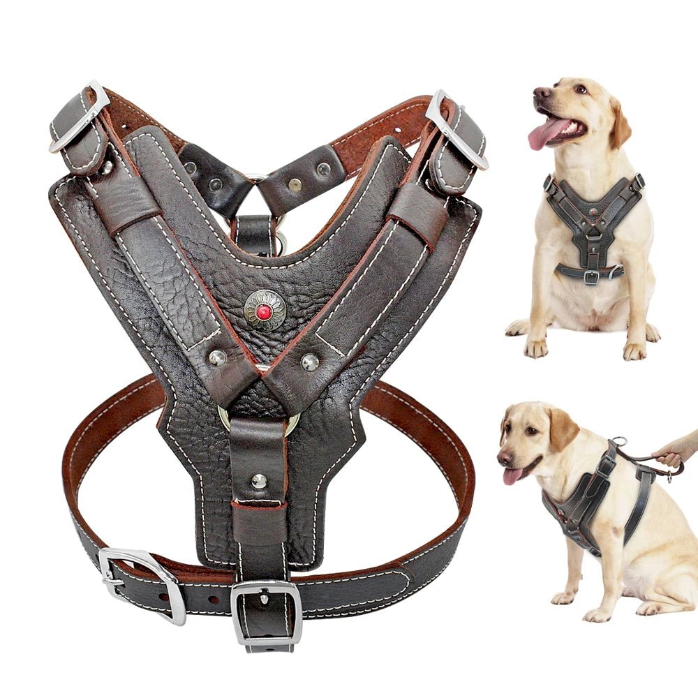Durable Dog Harness Large Dogs Genuine Leather Harnesses Pet Training Vest With Quick Control Handle For Labrador Pitbull - Happy Tails