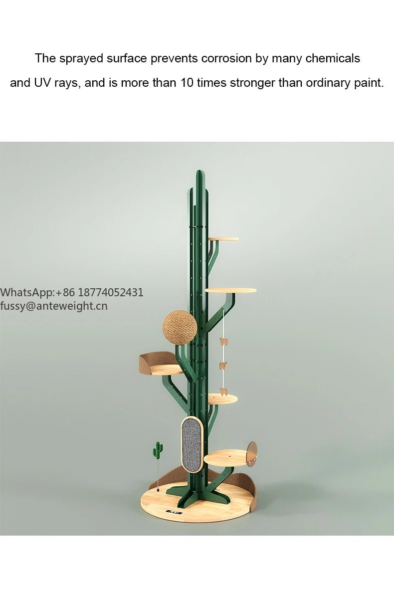 Cactus Shaped Cat Tree Tower Large Cat Condo with Scratching Board Carbon Steel Wood Climbing House for Indoor Cats - Happy Tails