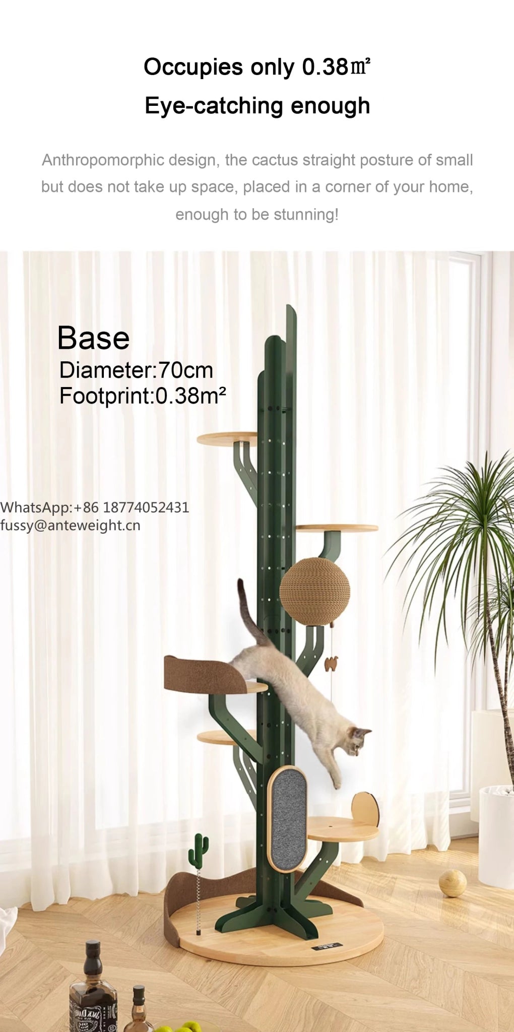 Cactus Shaped Cat Tree Tower Large Cat Condo with Scratching Board Carbon Steel Wood Climbing House for Indoor Cats - Happy Tails