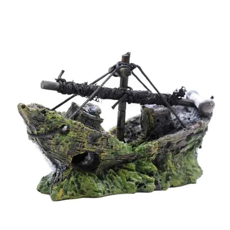 Resin Aquarium Ornament Wreck Sunk Ship Landscape Sailing Boat Cave Fish Playing Toys Fish Tank Decoration Aquarium Accessories - Happy Tails