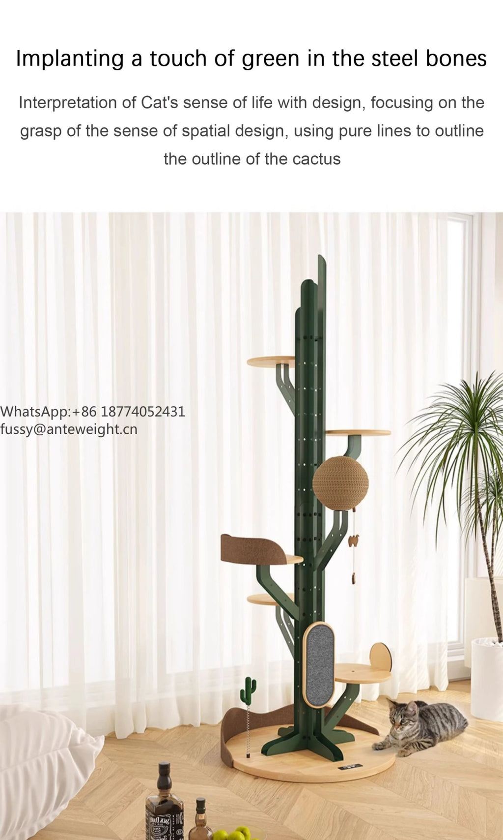 Cactus Shaped Cat Tree Tower Large Cat Condo with Scratching Board Carbon Steel Wood Climbing House for Indoor Cats - Happy Tails