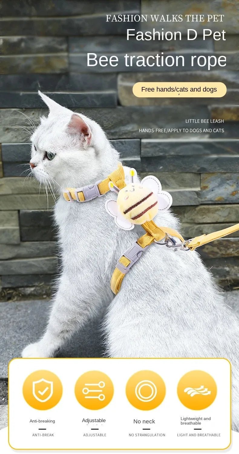 Cat Harness Leash Collar Set Adjustable Cartoon Bee Double Layer Dog Harness for Small Medium Pet Collar Leash Outdoor Walking - Happy Tails