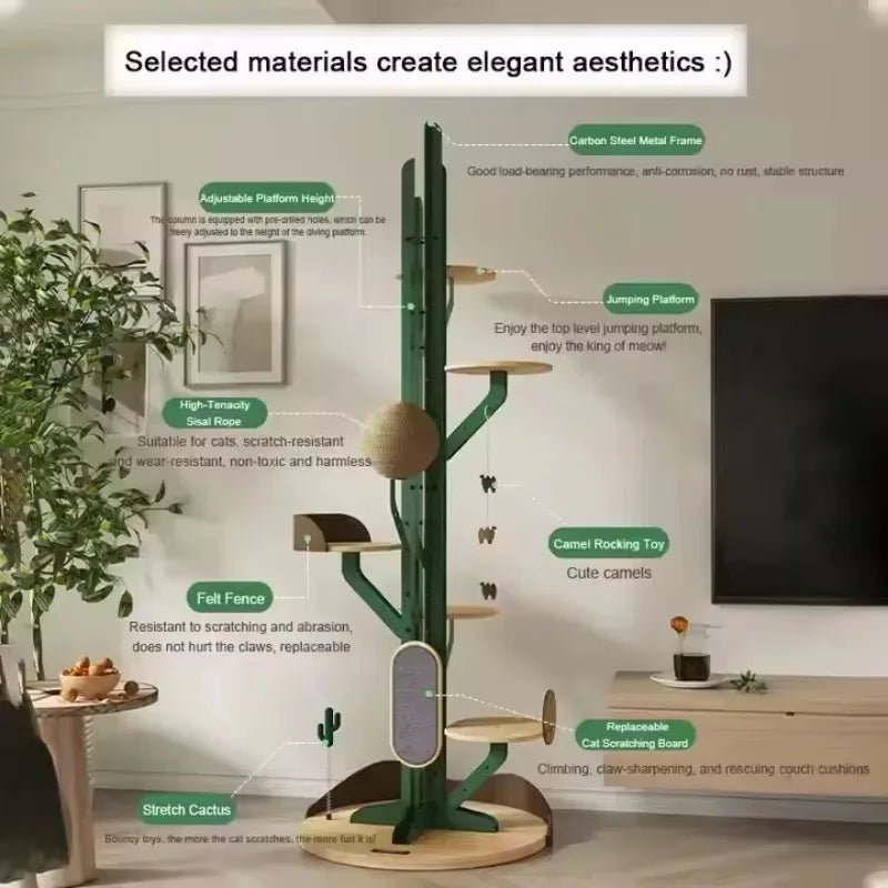 Cactus Shaped Cat Tree Tower Large Cat Condo with Scratching Board Carbon Steel Wood Climbing House for Indoor CatsHappy TailsHappy Tails