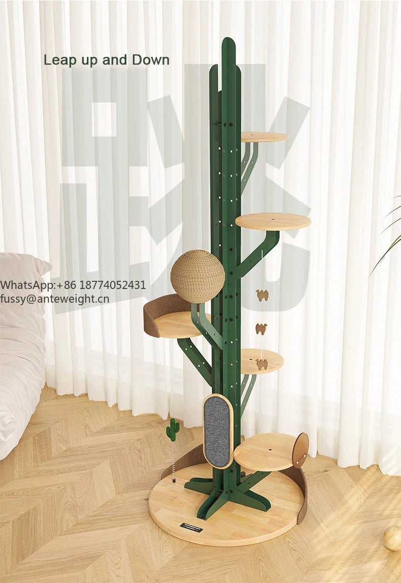 Cactus Shaped Cat Tree Tower Large Cat Condo with Scratching Board Carbon Steel Wood Climbing House for Indoor Cats - Happy Tails