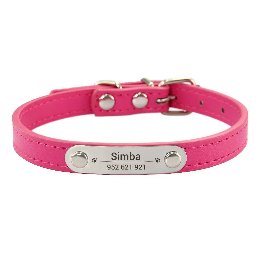 Personalized Dog Collar Name Carved ID Anti - lost Solid PU Leather Collar For Small Medium Large Dogs Puppy Cat Pet Supplies PinkHappy TailsHappy Tails
