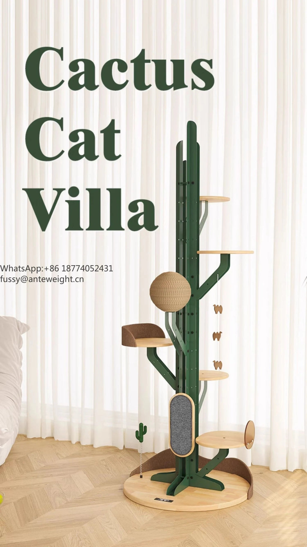 Cactus Shaped Cat Tree Tower Large Cat Condo with Scratching Board Carbon Steel Wood Climbing House for Indoor Cats - Happy Tails