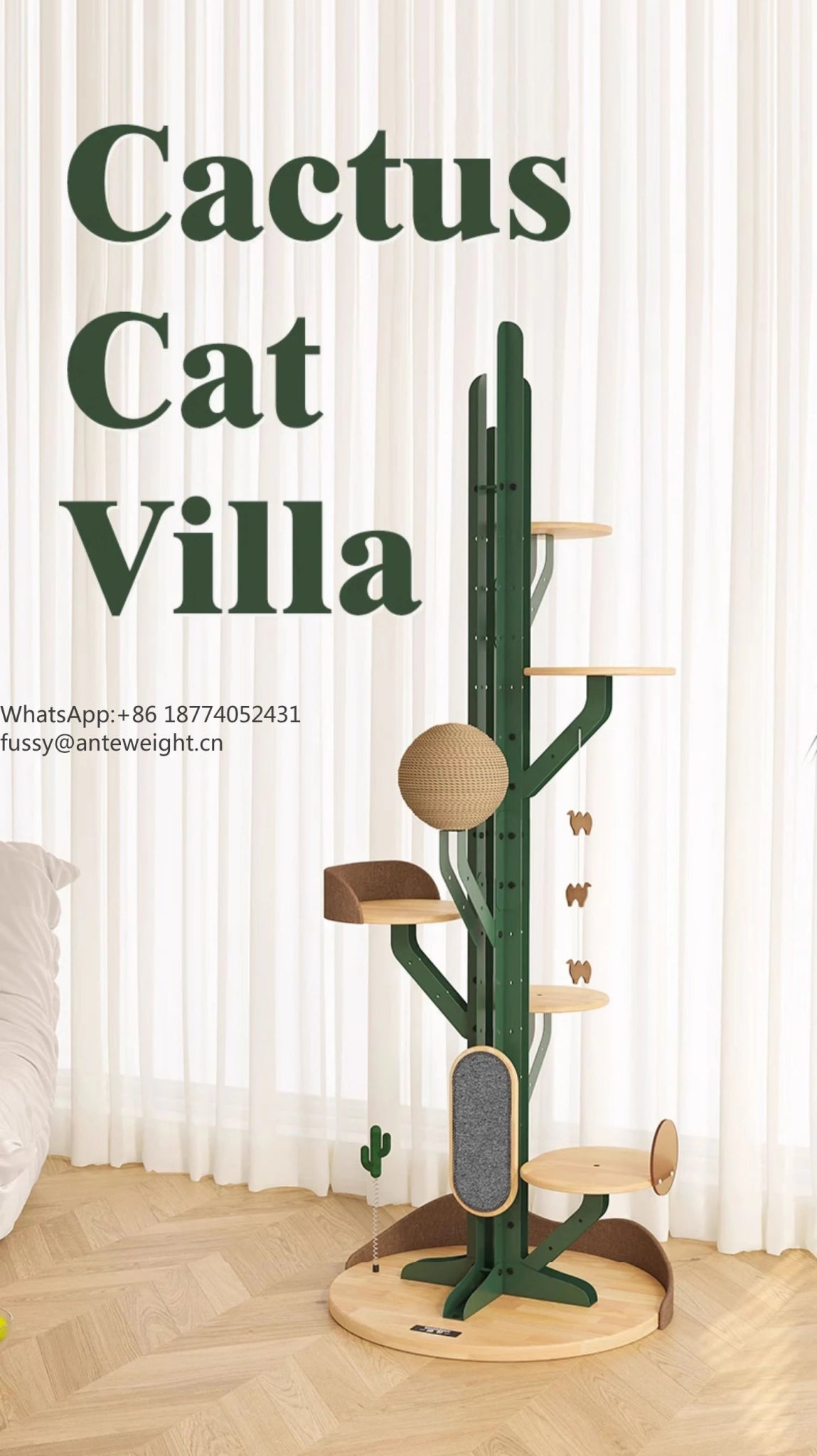 Cactus Shaped Cat Tree Tower Large Cat Condo with Scratching Board Carbon Steel Wood Climbing House for Indoor Cats - Happy Tails