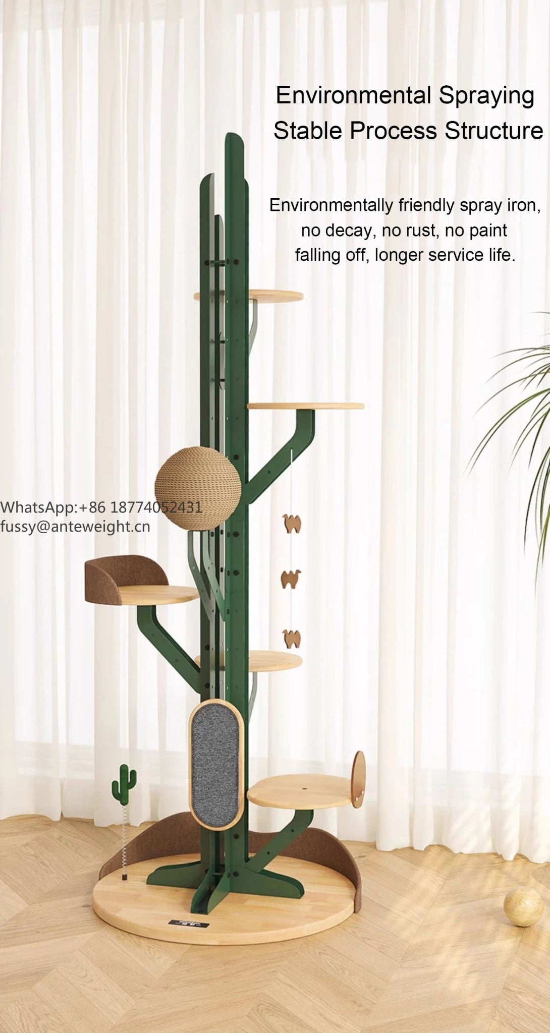 Cactus Shaped Cat Tree Tower Large Cat Condo with Scratching Board Carbon Steel Wood Climbing House for Indoor Cats - Happy Tails